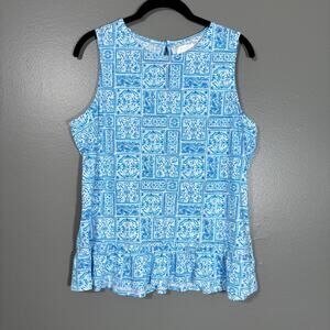Stella Parker Women's Blue Patchwork Floral Sleeveless Top - Small - Ruffle